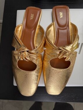 Zara Metallic Gold Knotted Slip-On Mules NEW